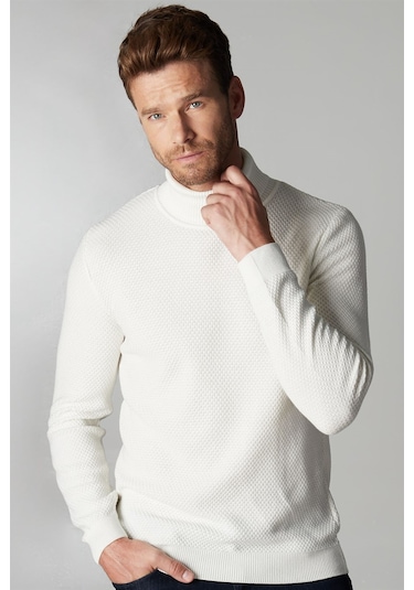 Tudors Slim Fit Dar Kesim Balıkçı Yaka Desenli Erkek Kazak-25762 Beyaz