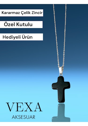 İthal Çelik Oniks Taşlı Haç Kolye - Kararmaz İthal Çelik Zincir - Özel Kutulu Hediyeli Siyah