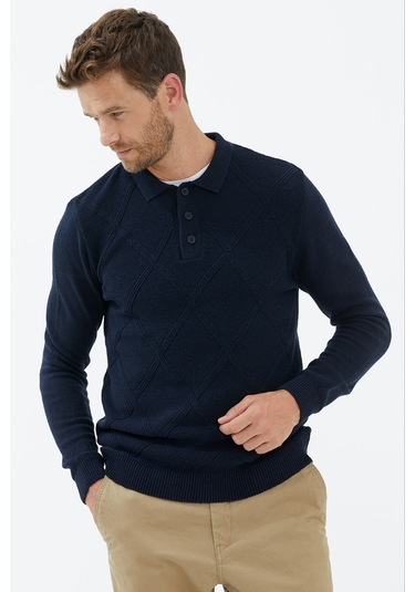 Polo Yaka Düğmeli Triko Kazak  - Lacivert