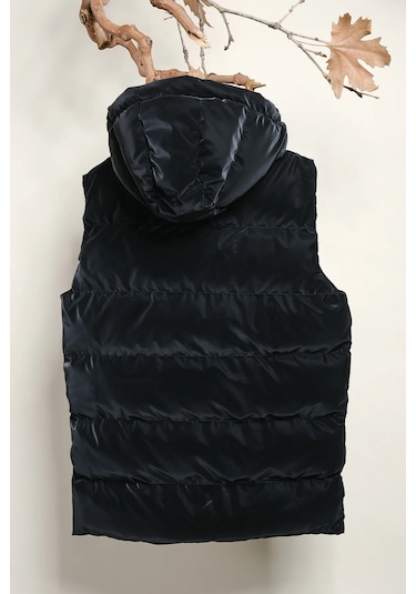 Kapüşonlu Erkek Çocuk Nova Kumaş Şişme Yelek Siyah