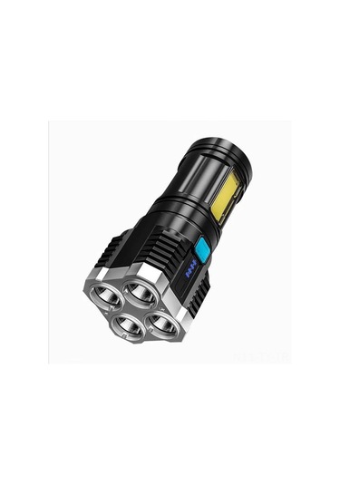 Teltree Dört Led Işık Ve Cob Yan Lambalı Usb Şarjlı El Feneri, Yüksek Parlaklık, 4 Seviye Aydınlatma, Outdoor Ve Ev Kullanıma Uygun Siyah