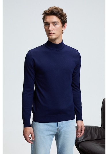 Grimelange REBEL Erkek Yarım Balıkçı Yaka Basic Slim Fit Triko Lacivert Kazak