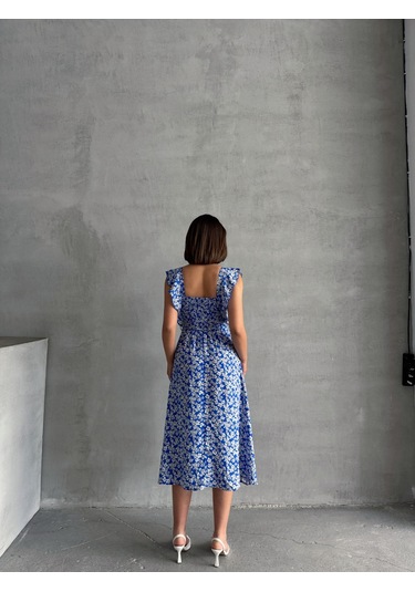 Kadın Çiçek Desenli Fırfır Detaylı Yazlık Dokuma Elbise Mavi