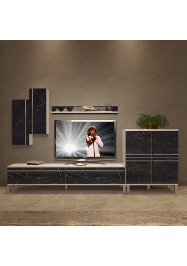 Decoraktiv Eko 6 Mdf Std Krom Ayaklı Tv Ünitesi Tv Sehpası Beyaz - Siyah Mermer