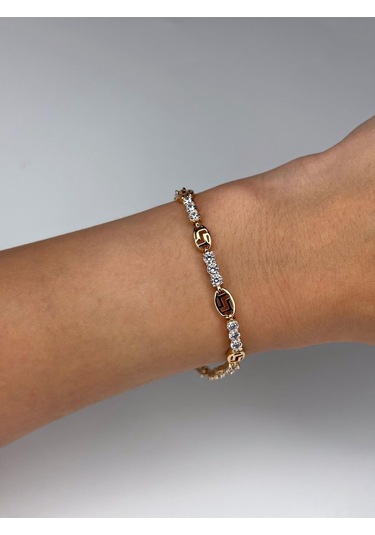 Zincir Motifli Zirkon Taşlı Altın Renk Çelik Bileklik Şık Kadın Takı Gümüş