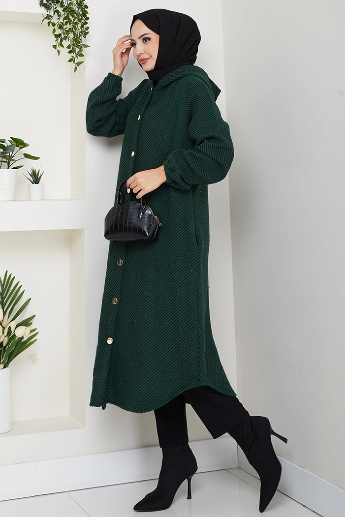 Çizgi Detay Kapüşonlu Kaşe Kap 1634 - Zümrüt Yeşili Zümrüt Yeşili