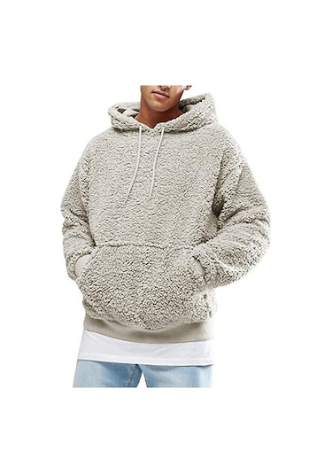 Erkekler Kalın Polar Peluş Sıcak Hoodie Kazak Kış Peluş Kürk Kapşonlu Tişörtü Siyah