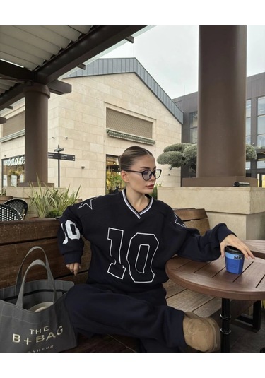 Simala V Yaka Üç İplik Sweat Takım - Siyah Siyah