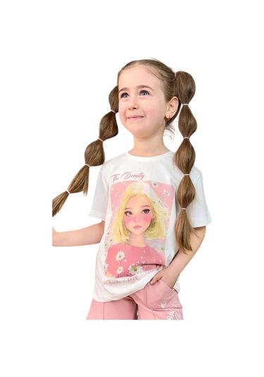 Riccotarz Kız Çocuk Papatya Ve The Beauty Yazı Baskılı Penye T-shirt Pudra Şortlu Takım Pudra