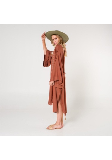 Eli Kadın Pul Baskılı Kimono-Tarçın-Standart Tarçın