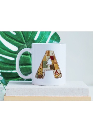 A Harfi Sonbahar Kış Temalı Yamalı Tasarım Kupa Bardak - Etnik Ve Pathwork Severlere Özel Hediye Beyaz