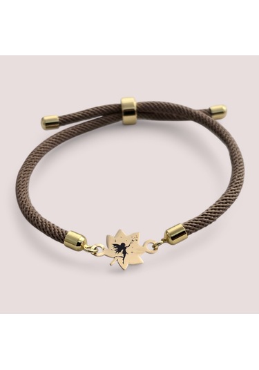 Peri Temalı Örgülü 14 Ayar Altın Plakalı Yaprak Figürlü Hediye Bileklik-331sembol-kahverengi Altın