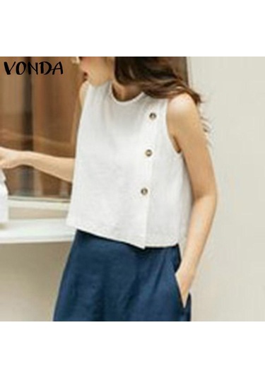 Vonda Kadın Yaz Yuvarlak Yaka Kolsuz Düğmeli Düz Renk Günlük Tank Pembe