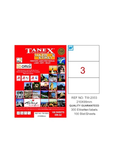 Tanex Laser Etiket 100 Yp 210X99 Laser-Copy-Inkjet  Tw-2003