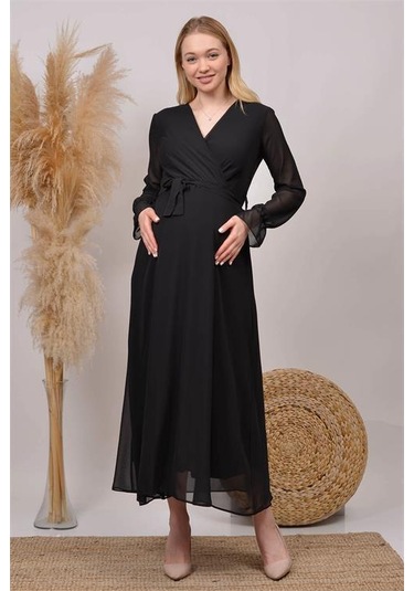 Kadın Beyaz Baby Shower Şifon Hamile Elbise Dphml003 Siyah