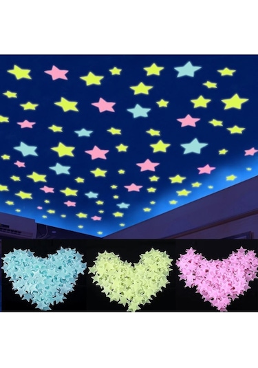 50 Adet Yeşil Renk Fosforlu Yıldız Gülen Ay Duvar Tavan Süsleri Çocuk Odası