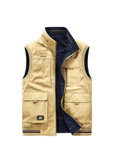 Simicg Erkek Ters Çevrilebilir Çok Cepli Dış Mekan Yelek - Haki