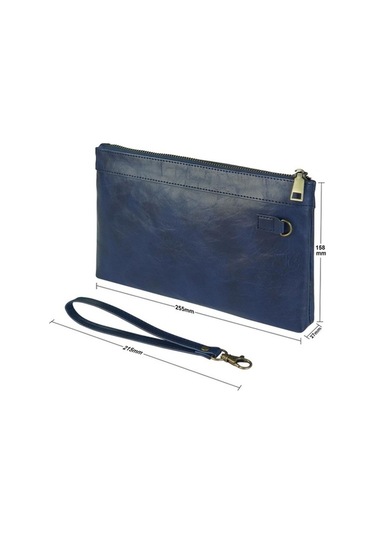 Shidai888 Retro Deri Debriyaj Fermuarlı Zarf Çanta Koyu Mavi