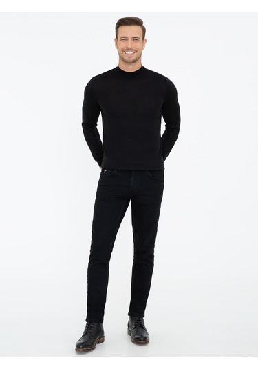 Cacharel Siyah Slim Fit Çeyrek Balıkçı Yaka Basic Triko Kazak