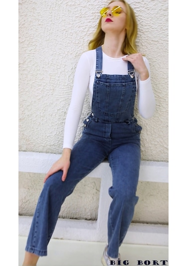 Yandan Düğmeli Enzim Kot Kumaş Salopet & Tulum Mavi