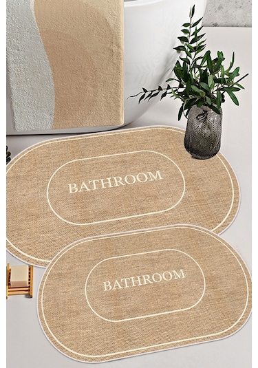 Decomia Home Dijital Kaymaz Yıkanabilir Jüt Görünümlü Bathroom Banyo Paspası 2'li Jüt Beyaz