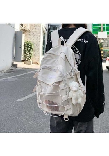 Novahub Bej Kore Tarzı Lise Sırt Çantası - Genç Kızlar İçin Moda Ve Konfor Bej