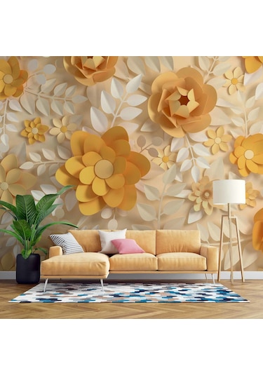 3 Boyutlu Kağıt Sarı Kabartma Çiçek Duvar Kağıdı
