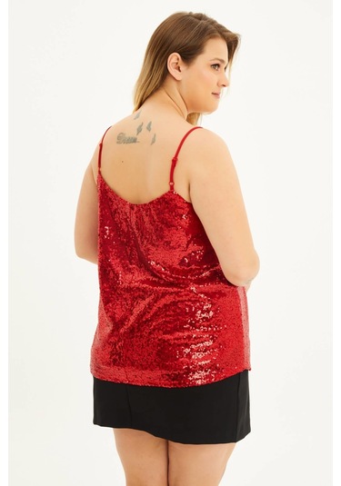 Astarlı İp Askılı Payetli Bluz-1683 Kırmızı