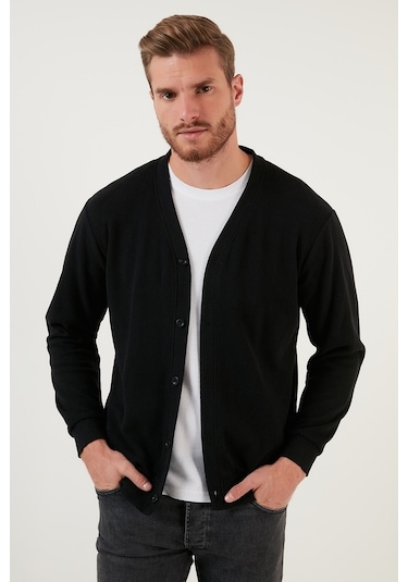 Buratti Pamuklu Regular Fit Düğmeli V Yaka Erkek Hırka 456205 Siyah