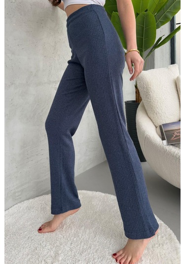 Kadın İndigo Yüksek Bel Fitilli Bol Paça Günlük İnce Eşofman Altı İndigo