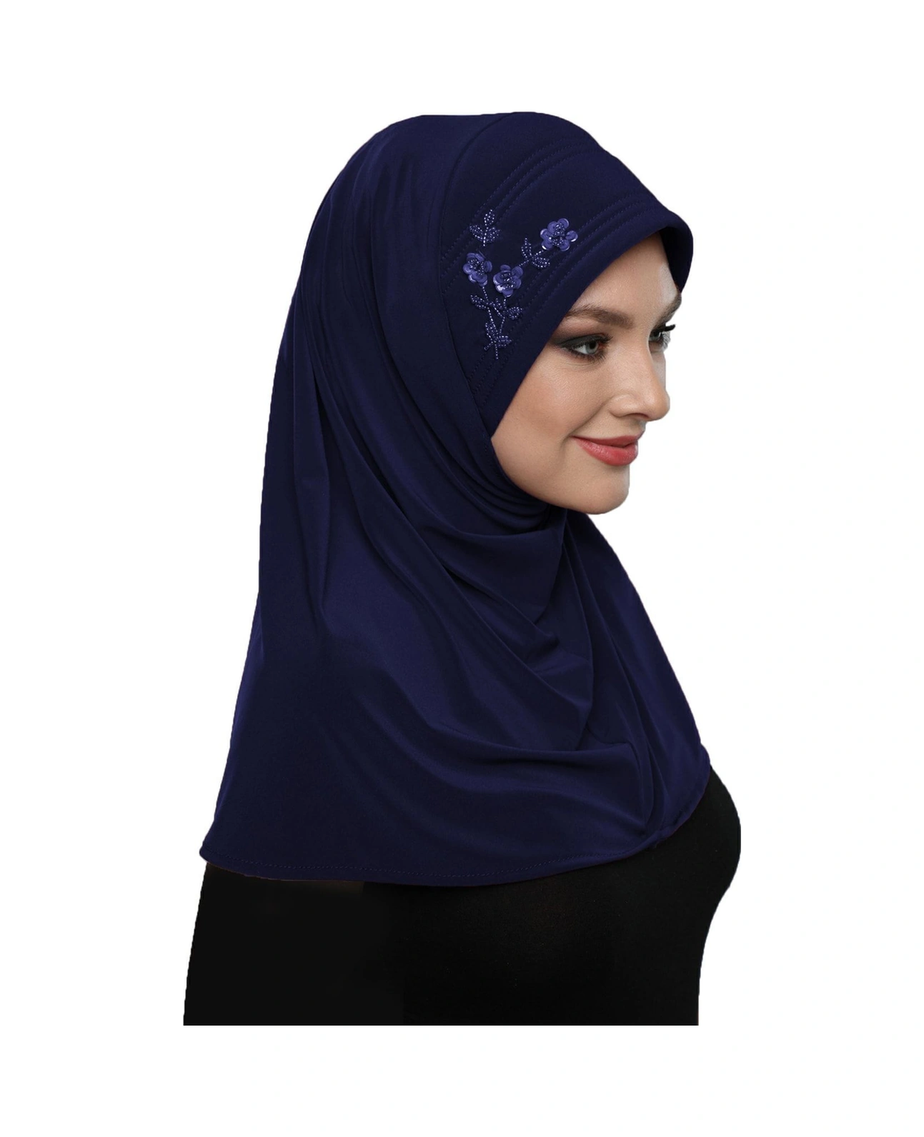 Takmatik Taşlı El Işi Boncuk Işlemeli Lacivert Hazır Türban Tesettür Bone Namaz Örtüsü Lacivert