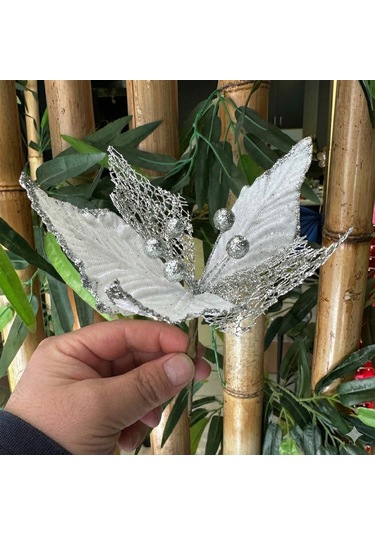 28 Cm - Ponsetya Beyaz Pullu Tomurcuklu Tüllü Yılbaşı Çiçeği Lüks Dekoratif Süs