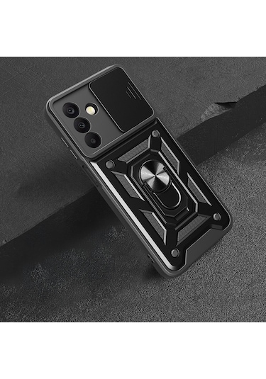 Teknomoda Samsung Galaxy Uyumlu A26 Kılıf Yüzüklü Standlı Sürgülü Kamera Korumalı Tank Sert Silikon Kapak Siyah