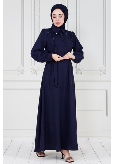 İnci Detaylı Kuşaklı Tesettür Elbise-lacivert-3585-lacivert Lacivert