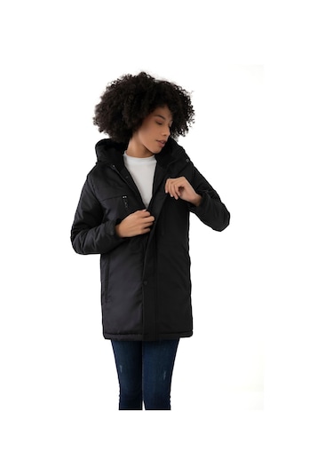 Kadın Siyah Içi Polarlı Su Ve Rüzgar Geçirmez Kapüşonlu Kışlık Mont & Kaban & Parka Siyah