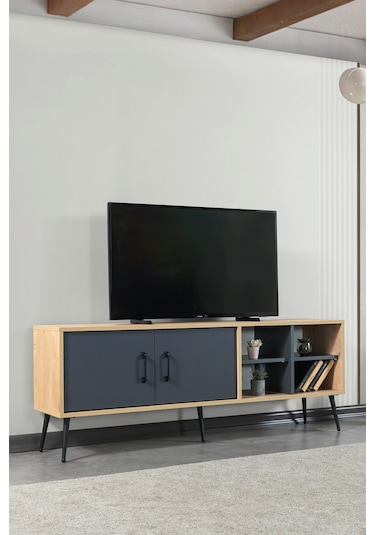 3609 Şile Metal Ayaklı Metal Kulplu 160 Cm Tv Ünitesi Antrasit - Safir Antrasit - Safir