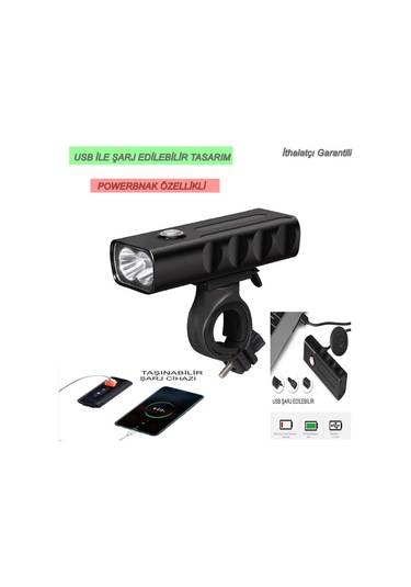 Reidan Bisiklet Ön Far 1000 Lümen Usb Şarjlı Powerbnakli Far Siyah