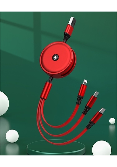 Pazly Çekilebilir 3'ü 1 Arada Usb Şarj Kablosu 1.2m Kırmızı - Kompakt & 2.5a Hızlı Şarj