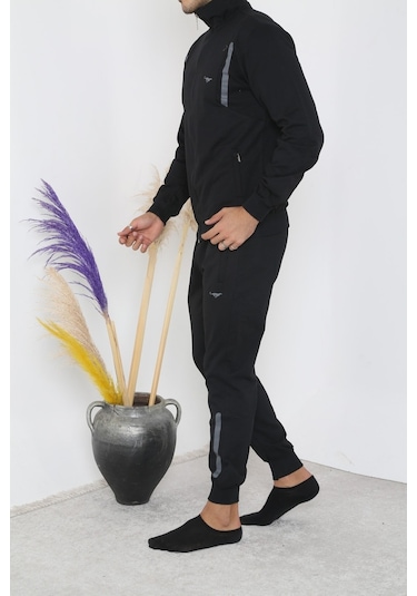 Erkek Dik Yaka Fermuarlı Eşofman Takım - Siyah Siyah