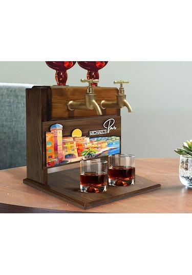 Bk Gift Kişiye Özel Kabartma Manzara Tasarımlı İsimli Çift Musluklu Doğal Ahşap İçki Standı-32, İçki Standı, Doğum Günü Hediyesi, Ev Hediyesi Bitmeyen