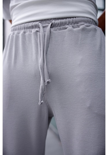 Erkek Gri Renk Burgu Desen Örme Kumaş Baggy Pantolon-1755 Gri