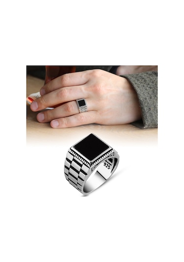 Simetrik Desenli Siyah Oniks Taşlı 925 Ayar Gümüş Erkek Yüzük (429371005)