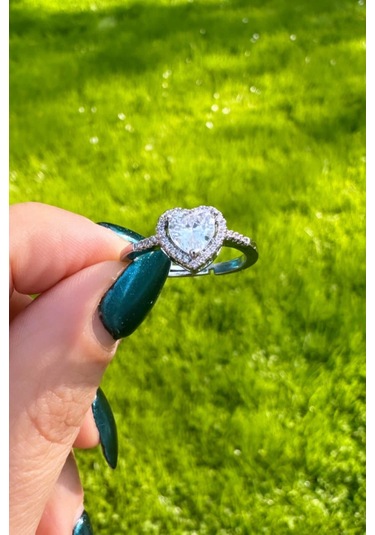 Taş Detaylı Kalp Yüzük - Gümüş Renk