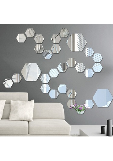 Honmex 12 Adet 10x8 Cm Gümüş Akrilik Yansıtıcı Hexagon Duvar Sticker - Otomatik Yapışkan Fonksiyonlu Gümüş