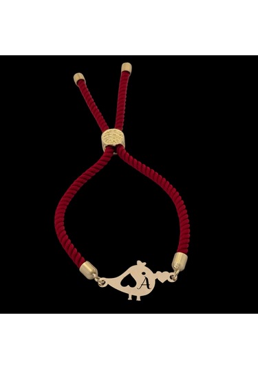 Archin A Harfine Özel Minik Kuş Motifli Kırmızı Örgülü 14 Ayar Altın Plakalı Hediye Bileklik-363harf A