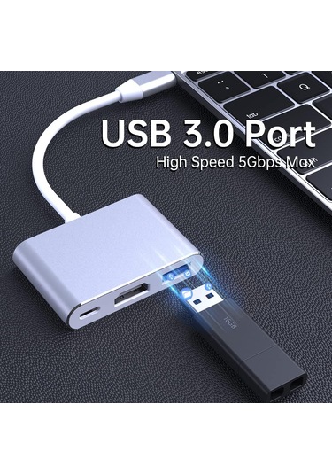 3-in-1 Type-c Çoklayıcı Adaptör Usb-c To Hdmı + Usb 3.0 + Pd Şarj Laptop, Macbook, Tablet Ve Telefon Uyumlu Dönüştürücü Hub