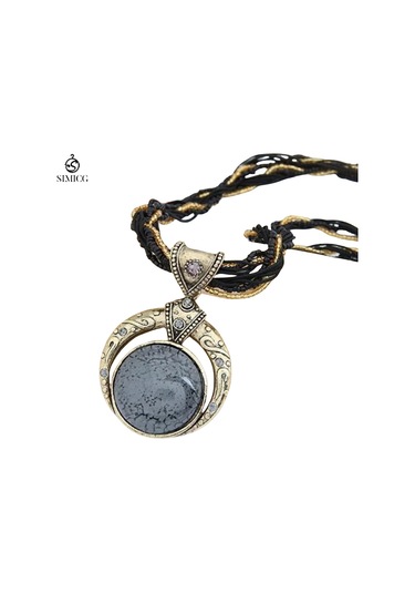 El Dokuması Bohem Pirinç Boncuklu Retro Etnik Tarzda Yuvarlak Değerli Taş Kolye Siyah
