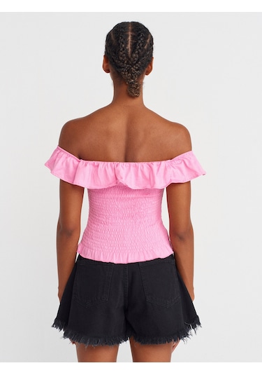 Dilvin 31902 Omuzları Açık Fırfırlı Top-pembe Pembe