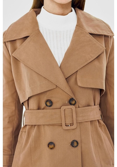 Pastelastore %100 Pamuk Gabardin Midi 95cm Astarlı Kemerli Kadın Trençkot 1113 Bej