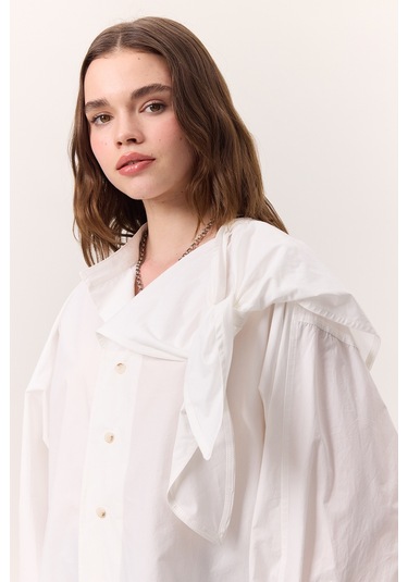 Bağlamalı Detaylı Tasarım Gömlek Ekru Ekru